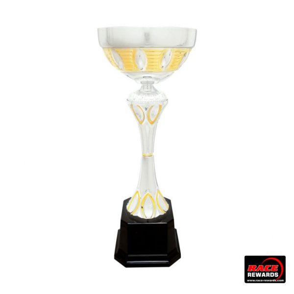 A white and gold metal trophy cup by Race Rewards.